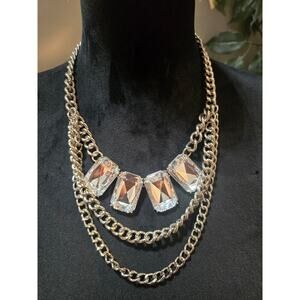 Women's Statement Chunky Chain Necklace With Clear Crystal Gems Lobster Clasp